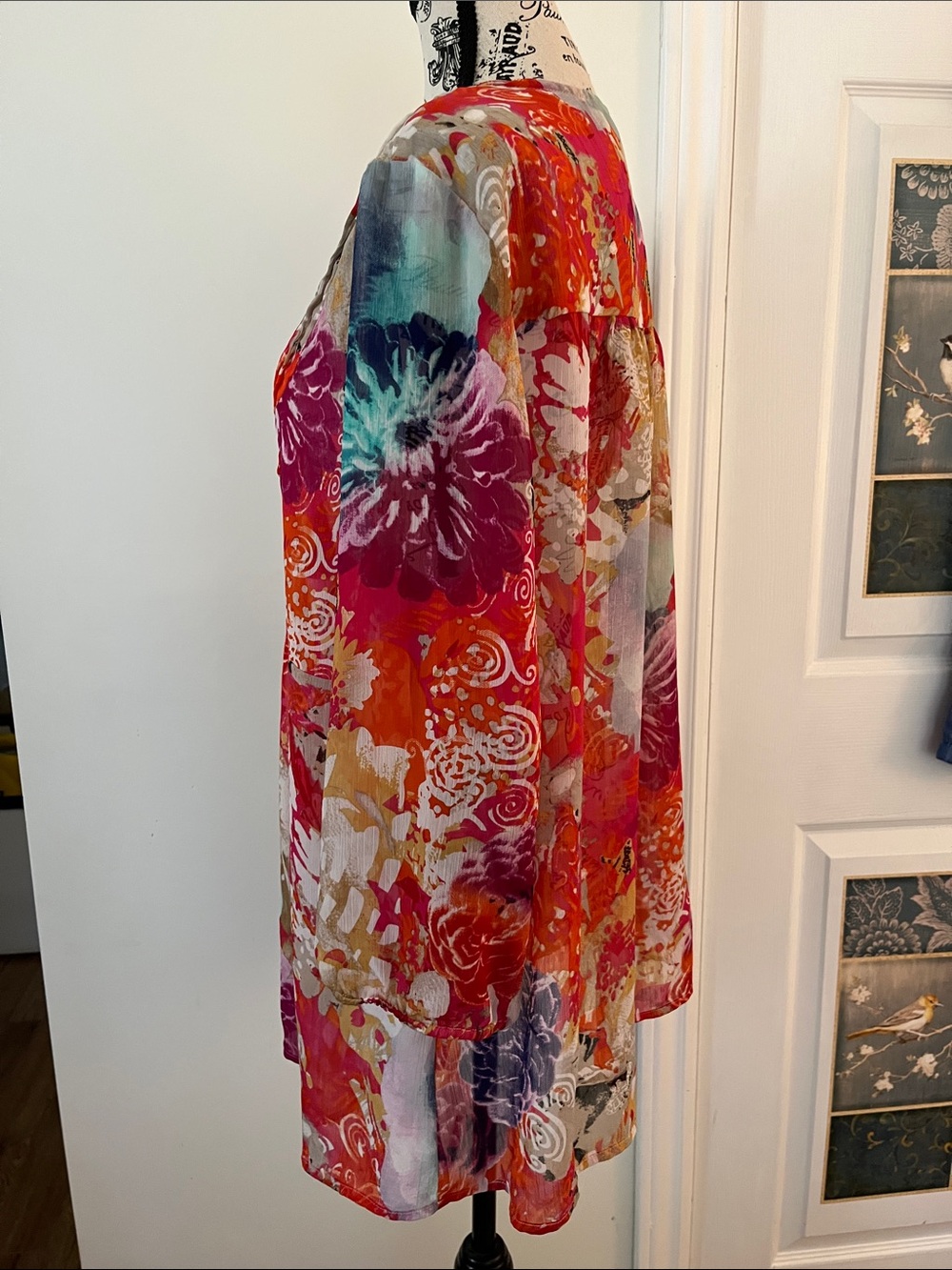 Tribal Multicolor Floral Pleated Tunic - Red, Pink, Orange, Yellow, Blue, Green - Picture 5 of 8